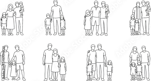 Vector vector art of collection of diverse family groups in simple line art style, transparent background