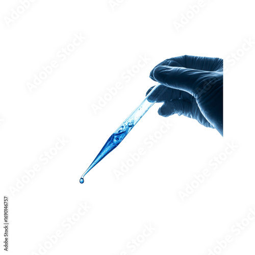 Gloved Hand Holding Pipette with Blue Liquid Droplet