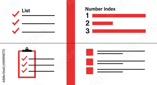 Vector illustration of checklist and numbered list with red check marks and bars