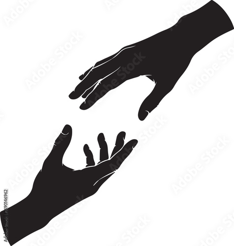 Two black silhouette hands reaching for each other Keywords: hands, reaching, connection, help
