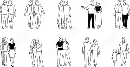 Vector vector art of collection of architectural line drawings of couples and a family transparent background