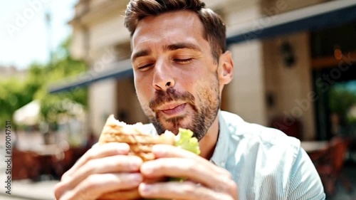 man eating hamburger 