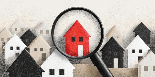 A magnifying glass focuses on a red house among many