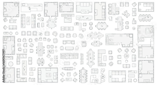 Vector vector art of top view floor plan layouts of various rooms with furniture, transparent background