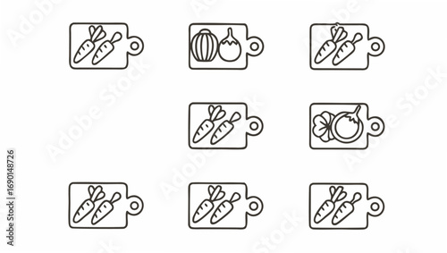 Depicts multiple cutting boards each featuring different vegetables including carrots tomatoes and eggplants