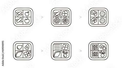 Illustration showing a sequence of six food containers with different food items in each container box icon
