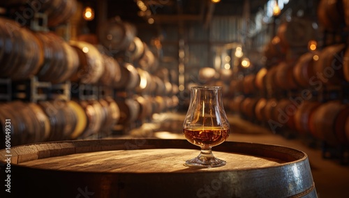 Amber liquid in a glass on a wooden barrel in a whiskey distillery