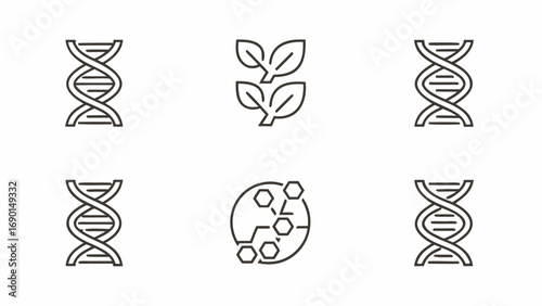 Illustration showing dna helixes leaves and molecules in a circular arrangement on a white background