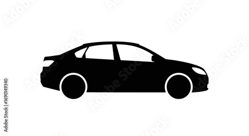 Black silhouette of a modern sedan car icon, side view, simple graphic design.
