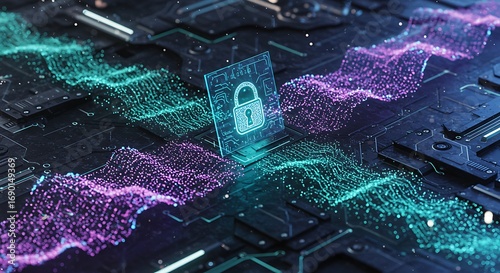 Digital Security Lock Icon on Futuristic Circuit Board with Data Streams.