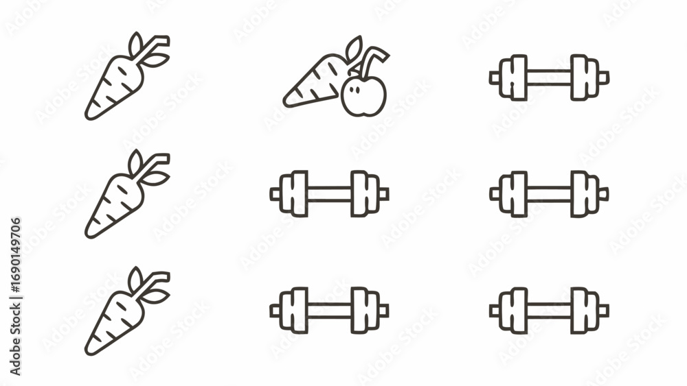 Fototapeta premium Illustration showing carrots and dumbbells arranged in a grid pattern on a plain white background surface