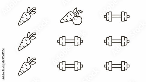 Illustration showing carrots and dumbbells arranged in a grid pattern on a plain white background surface