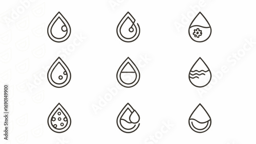 Illustration showing nine water drop icons with various designs inside, all outlined in a simple style