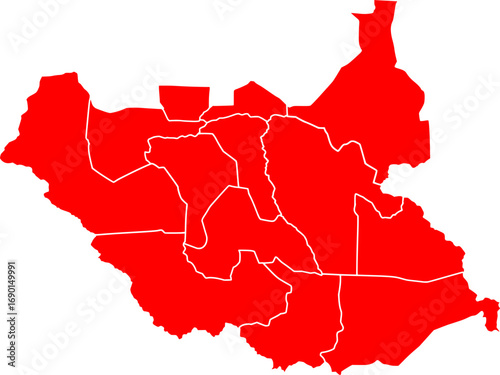 A clean, minimalist outline map of South Sudan with all state borders clearly defined, in a bold red color. It's ideal for striking infographics, reports, or data visualization.

