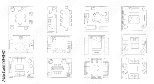 Vector vector art of collection of floor plan sketches for various rooms and furniture arrangements transparent background