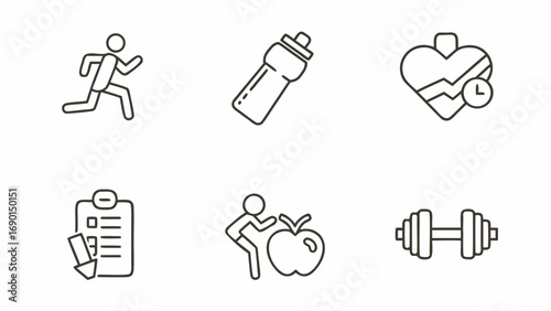 Illustration showing running figure, water bottle, heart rate, checklist, apple and dumbbell icons
