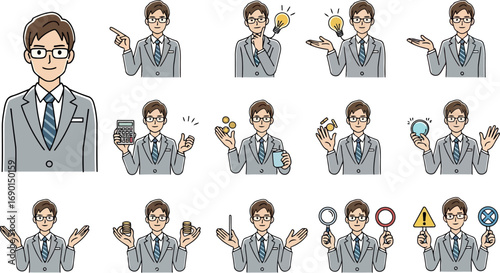 Vector vector art of businessman in suit with various gestures and expressions, showing ideas and actions transparent background