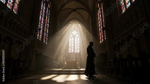 A silhouette of a priest in a cathedral bathed in sunlight.