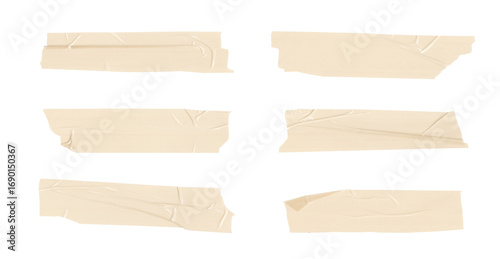 Gray adhesive tape set isolated on a transparent PNG background. Torn masking tape, paper sticker with ripped edges. Realistic scotch template mockup for labels, messages, text, and design elements.