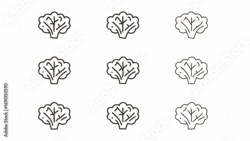 Nine broccoli florets arranged in a three by three grid with a simple line drawing style illustration
