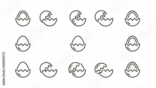 A collection of fifteen line art icons depicting various stages of cracked and uncracked eggs on white background