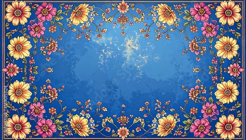 Ornate floral frame on blue background. Vivid yellow and pink flowers with intricate vine detail are arranged around a light blue center. The whole arrangement is framed by a gold border