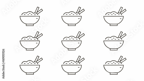 Nine bowls of rice with chopsticks arranged in a three by three grid on a white background design