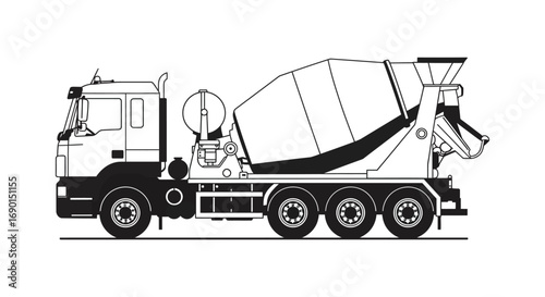 a large concrete mixer truck with rotating drum and extended chute