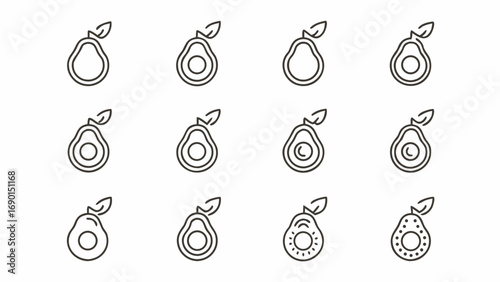 Collection of twelve avocado icons with different designs and a small leaf attached to the top right side