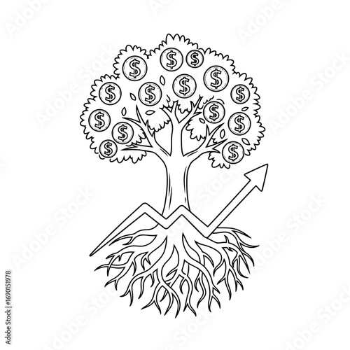 A vector illustration of a money tree with its roots shaped like an upward-trending graph. This icon is perfect for symbolizing financial success and growth.