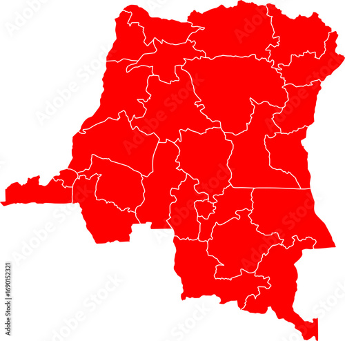 A clean, minimalist outline map of the Democratic Republic of Congo with all provincial borders, in a bold red color. It's ideal for striking infographics, reports, and professional data visualization