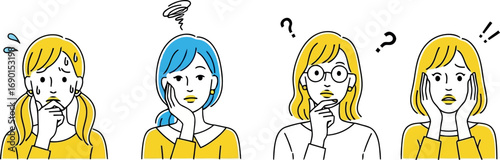 Vector vector art of four women with confused expressions, thinking and questioning, transparent background