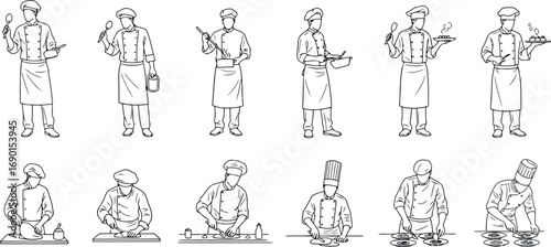 Vector vector art of collection of chef illustrations showing various cooking poses and actions transparent background