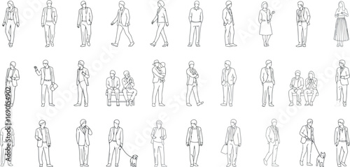 Vector vector art of collection of sketchy silhouette figures in various poses and activities, transparent background