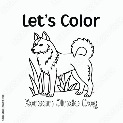 Korean Jindo Dog Coloring Page Outline Drawing Vector Illustration.