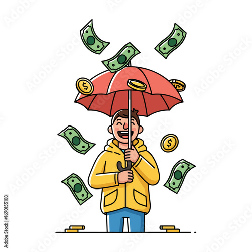 Cartoon vector of a person smiling while money falls, an umbrella covering them. Clean lines, isolated on white, perfect for financial windfall concepts.