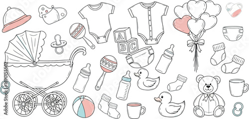 Vector vector art of cute collection of babythemed handdrawn icons, including clothing and accessories, transparent background