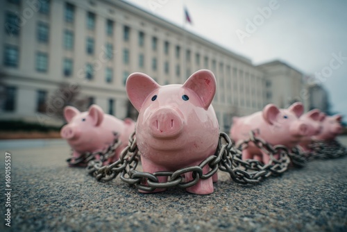 Pink piggy banks chained together in front of a government building