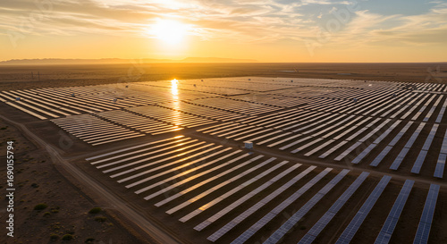 Vast Solar Farm at Sunset: Renewable Energy Power Generation in a Desert Landscape
