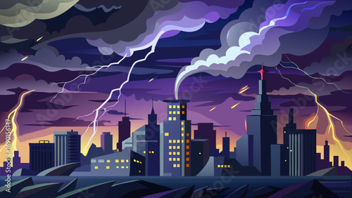Vector art of lightning strikes the city skyline during a severe thunderstorm at night