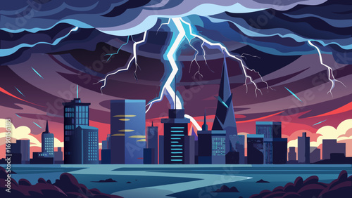 Vector art of a city skyline is struck by lightning during a powerful thunderstorm