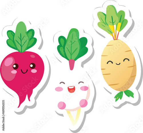 Fun sticker-style icons of radish, turnip, and potato with thick white borders.
