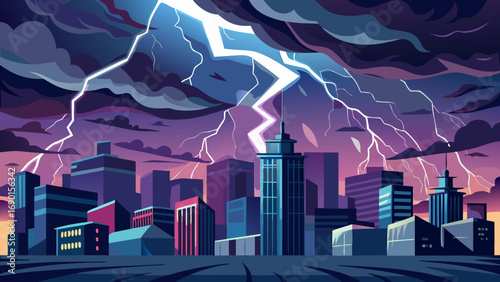 Vector art of dramatic lightning storm over city skyline with dark clouds and tall buildings