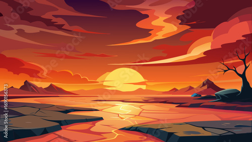 Vector art of sunset over a cracked land with mountains and a tree in the distance