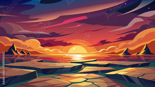 Vector art of vibrant sunset over a tranquil sea with ice floes reflecting the warm light