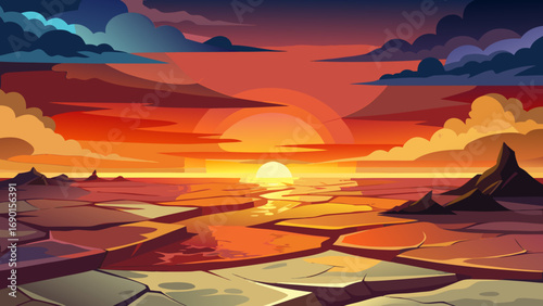 Vector art of dramatic sunset over a cracked land with mountains in the far distance