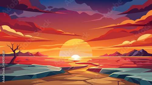 Vector art of beautiful sunset over the sea with colorful clouds and mountains view