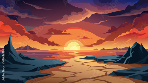 Vector art of beautiful sunset over the sea with colorful clouds and mountains scenery