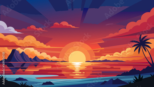 Vector art of tropical sunset over water with palm tree and mountains in colorful style