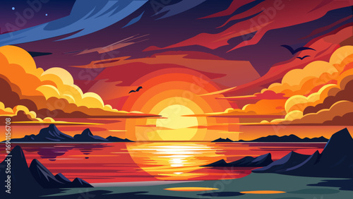 Vector art of vibrant sunset over the ocean with birds flying in the colorful sky